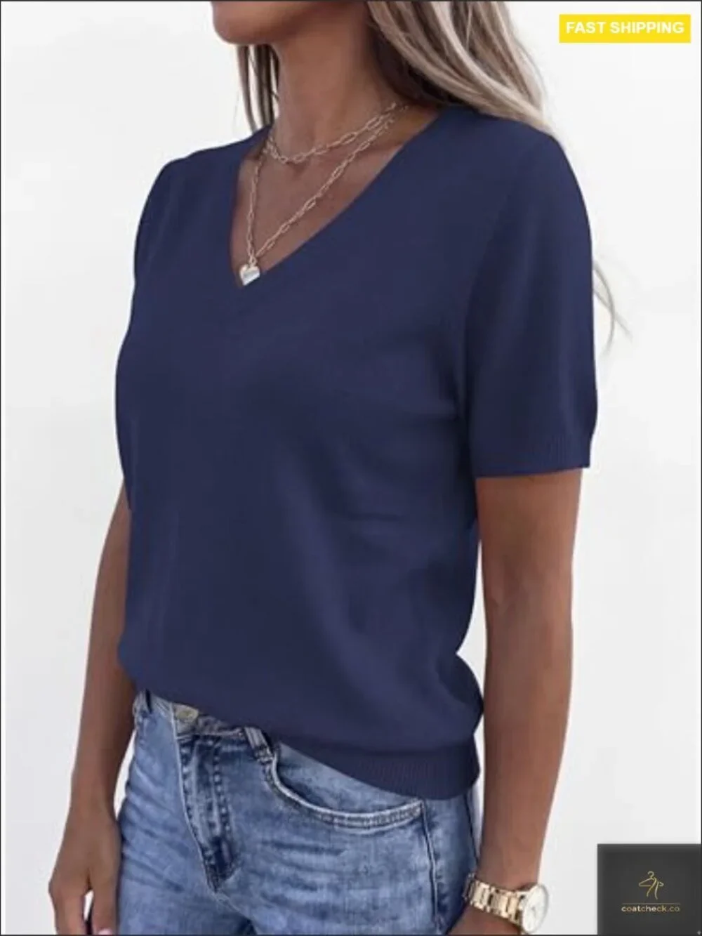 V Neck Short Sleeve Pullover Sweater Lightweight Business Casual Knit Top_3